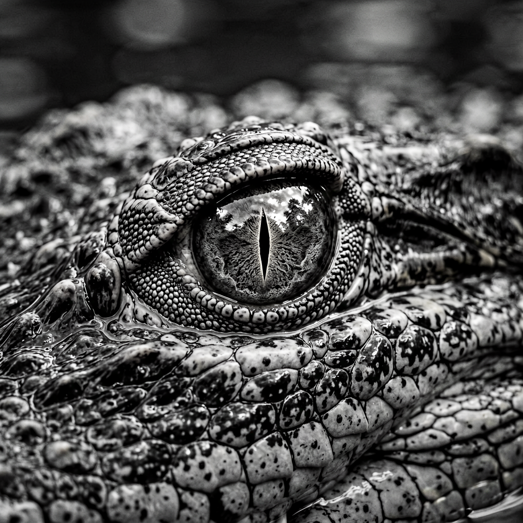 Flux 2 Flex output: close-up of an alligator's eye in black-and-white wildlife photography