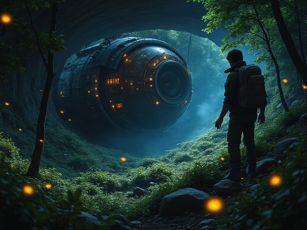 Futuristic spaceship being found in a forest